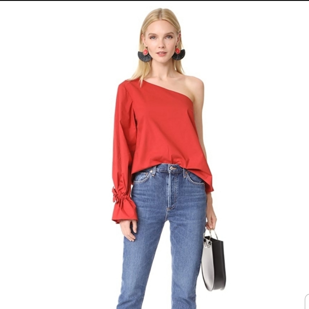 Tanya Taylor Voile Anka One Shoulder Asymmetric Red Top Size 10 - Picture 3 of 7